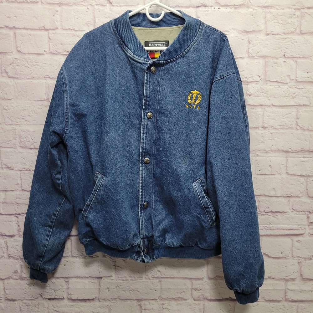 VTG Hartwell ViaSport Denim Bomber Jacket Size XL Snap Closure Logo USA *FLAW‎